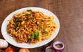 Spaghetti with mushroom, vegetables and minced meat Royalty Free Stock Photo