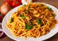 Spaghetti with mushroom, vegetables and minced meat Royalty Free Stock Photo