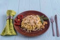 Spaghetti with mushrooms and sun dried tomatoes in cream sauce Royalty Free Stock Photo