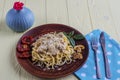 Spaghetti with mushrooms and sun dried tomatoes in cream sauce o Royalty Free Stock Photo