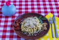 Spaghetti with mushrooms and sun dried tomatoes in cream sauce. Royalty Free Stock Photo