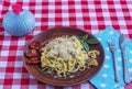 Spaghetti with mushrooms and sun dried tomatoes in cream sauce. Royalty Free Stock Photo