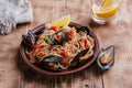 Spaghetti with mussels oyster