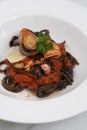 Spaghetti nero with prawns and mussels