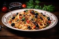 Spaghetti with olives and tomato sauce on a plate on a wooden table, Spaghetti alla puttanesca - italian pasta dish with tomatoes Royalty Free Stock Photo