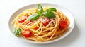 Spaghetti with parmesan cheese, tomatoes and basil. Italian pasta on white background Royalty Free Stock Photo