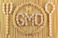 Spaghetti and pasta arrangement. GMO alimentary products concept