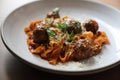 Spaghetti pasta with beef meatballs and tomato sauce on a plate , italian food Royalty Free Stock Photo