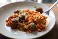 Spaghetti pasta with beef meatballs and tomato sauce on a dish , italian food Royalty Free Stock Photo