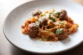 Spaghetti pasta with beef meatballs and tomato sauce on a dish , italian food Royalty Free Stock Photo