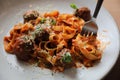 Spaghetti pasta with beef meatballs and tomato sauce on a dish , italian food Royalty Free Stock Photo