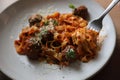 Spaghetti pasta with beef meatballs and tomato sauce on a dish , italian food Royalty Free Stock Photo