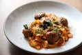 Spaghetti pasta with beef meatballs and tomato sauce on a dish , italian food Royalty Free Stock Photo