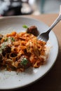 Spaghetti pasta with beef meatballs and tomato sauce on a dish , italian food Royalty Free Stock Photo