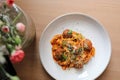 Spaghetti pasta with beef meatballs and tomato sauce on a dish , italian food Royalty Free Stock Photo