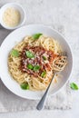 Spaghetti pasta with bolognese sauce and parmesan cheese Royalty Free Stock Photo