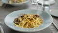 Spaghetti pasta with clams and bottarga, Mediterranean food Royalty Free Stock Photo