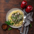 Spaghetti pasta with creamy chicken liver on plate Royalty Free Stock Photo