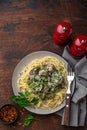 Spaghetti pasta with creamy chicken liver on plate Royalty Free Stock Photo