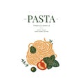 Spaghetti pasta design template. Pasta with tomato and basil. Italian food. Royalty Free Stock Photo