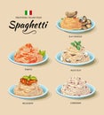 Spaghetti or pasta dishes vector set in cartoon