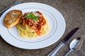 Spaghetti pasta with garlic bread. Royalty Free Stock Photo
