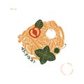Spaghetti pasta illustration. Tagliatelle pasta with tomato and basil. Italian food. Mozzarella ball. Royalty Free Stock Photo