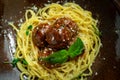 Spaghetti pasta and meat balls in tomato sauce in brown plate with Basil and Parmesan Royalty Free Stock Photo