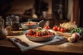 spaghetti pasta with meatballs in homemade tomato sauce on wooden table. AI generated Royalty Free Stock Photo