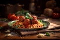 spaghetti pasta with meatballs in homemade tomato sauce on wooden table. AI generated