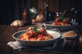 spaghetti pasta with meatballs in homemade tomato sauce on wooden table. AI generated