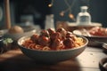 spaghetti pasta with meatballs in homemade tomato sauce on wooden table. AI generated