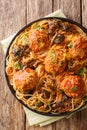 Spaghetti pasta with meatballs, mushrooms and cheddar cheese close-up in a plate. Vertical top view Royalty Free Stock Photo