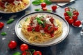 Spaghetti pasta meatballs with tomato sauce, basil, herbs parmesan cheese on dark background Royalty Free Stock Photo