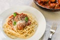 Spaghetti pasta with meatballs in tomato sauce, cheese falling over it Royalty Free Stock Photo