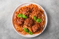 Spaghetti pasta with meatballs, tomato sauce, parmesan cheese and basil. italian food Royalty Free Stock Photo