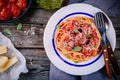 Spaghetti pasta with meatballs, tomato sauce and parmesan cheese Royalty Free Stock Photo