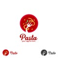 Spaghetti pasta noodle logo with plate round shape icon symbol, fork and green leaf