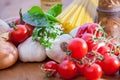 Spaghetti pasta with olive oil and basil, garlic and tomato Royalty Free Stock Photo