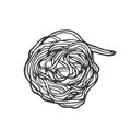 Spaghetti pasta or Oriental noodles. Traditional Italian or ramen. Hand-drawn style of engraving, ink, outline. Vector