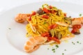 Spaghetti pasta with prawns and tomatoes