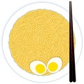 Spaghetti pasta ramen noodles on plate with boiled eggs and chopsticks