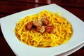 spaghetti pasta with shrimps and sweet basil ontable Royalty Free Stock Photo