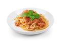 spaghetti pasta with tomato beef sauce in plate on white background