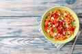 Spaghetti pasta with tomato sauce, mozzarella cheese and fresh basil leaves on white-blue vintage wooden background Royalty Free Stock Photo