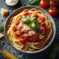 Spaghetti pasta with tomato sauce, parmesan cheese and basil leaves Royalty Free Stock Photo