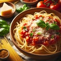 Spaghetti pasta with tomato sauce, parmesan cheese and basil leaves Royalty Free Stock Photo