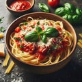 Spaghetti pasta with tomato sauce, parmesan cheese and basil leaves Royalty Free Stock Photo