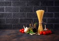 Pasta, tomatoes, olive oil and vinegar Royalty Free Stock Photo