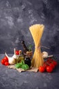 Pasta, tomatoes, olive oil and vinegar Royalty Free Stock Photo